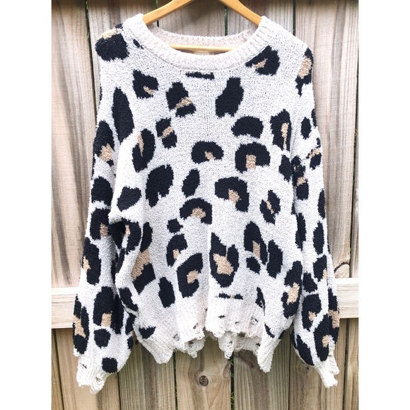 Altar’d State Distressed Leopard Print Long Sleeve Sweater - Picture 2 of 12